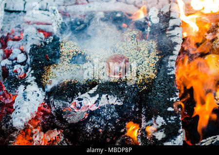 fire ceremony with offers of only vegetable origin during Guru Purnima Stock Photo