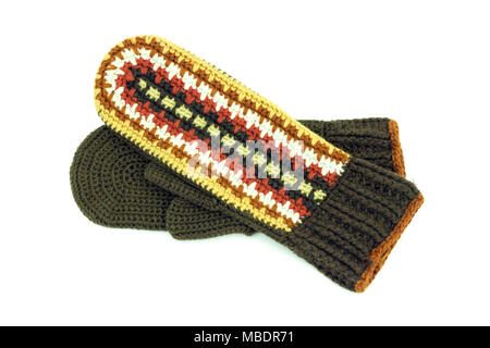 Two crocheted mittens on a white background Stock Photo