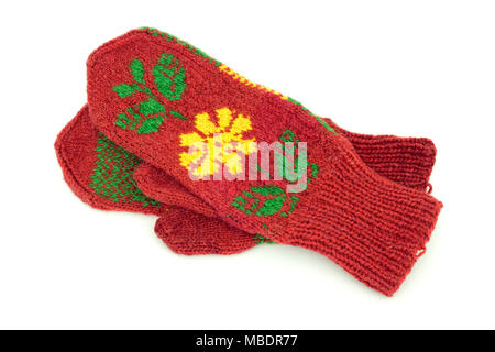 Two crocheted mittens on a white background Stock Photo