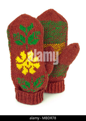 Two crocheted mittens on a white background Stock Photo