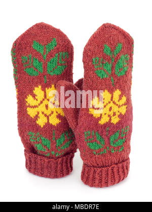 Two crocheted mittens on a white background Stock Photo