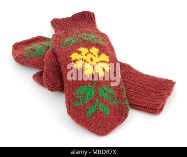 Two crocheted mittens on a white background Stock Photo