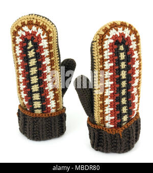 Two crocheted mittens on a white background Stock Photo