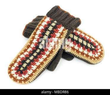 Two crocheted mittens on a white background Stock Photo
