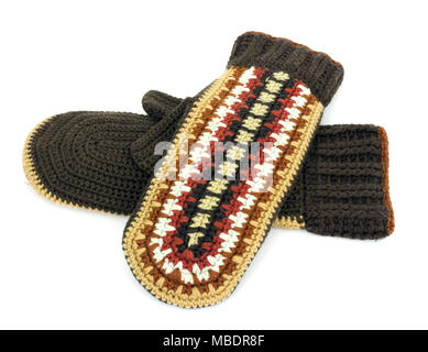 Two crocheted mittens on a white background Stock Photo
