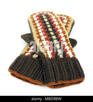Two crocheted mittens on a white background Stock Photo