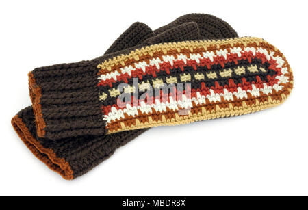 Two crocheted mittens on a white background Stock Photo
