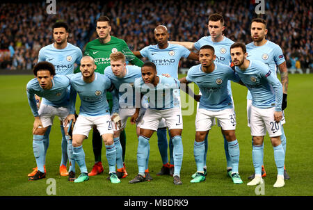 Manchester City's Kyle Walker (back left to right), Ederson, Fernandinho, Aymeric Laporte, Nicolas Otamendi, Leroy Sane (front left to right) David Silva, Kevin De Bruyne, Raheem Sterling, Gabriel Jesus and Bernardo Silva pose for a photograph before the UEFA Champions League, Quarter Final at the Etihad Stadium, Manchester. Stock Photo