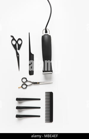flat lay with hair clipper and hairdressing equipment, isolated on white Stock Photo