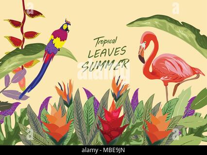 Tropical island. Tropical jungle rainforest plants flowers birds, flamingo , toucan border background Stock Vector