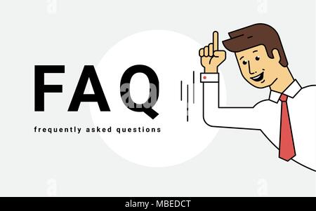 Frequently asked questions concept vector illustration of young smiling man gesturing hands to letters faq. Flat business expert giving great idea or  Stock Vector