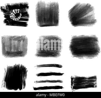 Nine acrylic vector background strokes. Set of black painted strokes. Beautiful hand drawn vector drawing. Usable for website, social media and print  Stock Vector