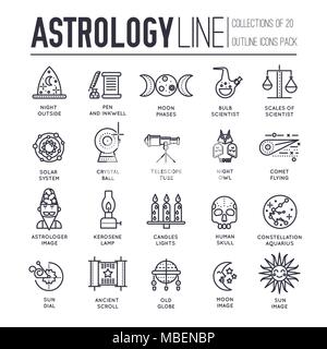 Astrology house thin line icons design illustration set. Flat outline horoscope items concept. Vector camera, lenses and other staff linear background  Stock Vector