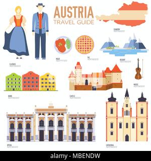 Country Austria travel vacation guide of goods, places and features. Set of architecture, people, culture, icons background concept. Infographics template design for web and mobile. On flat style Stock Vector