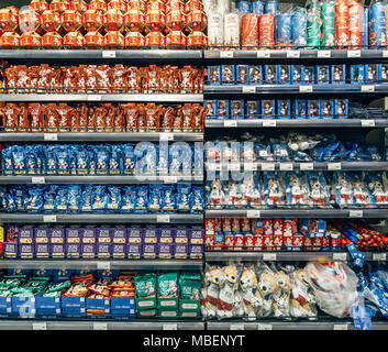 Nizhny Novgorod, Russia - April 09, 2018: Souvenir production for World Cup on supermarket shelves. Wolf Zabiva is official mascot of the 2018 FIFA World Cup Stock Photo