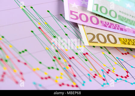 banknotes of European currency laying on chart of stock market Stock Photo