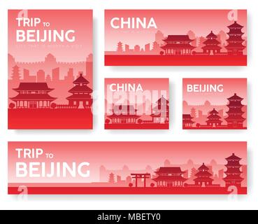 Country China landscape vector banners. Set of architecture, fashion, people, items, nature background concept. Infographic template design for web and mobile on flat icon style Stock Vector