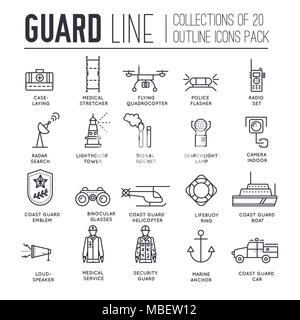 coast guard day illustration vector outline icon set. Guarding the order elements concept  Stock Vector