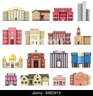 Flat colorful vector city buildings set. Icon background concept design. Architecture construction: courthouse, home, museum, skyscraper, hospital, hotel, opera, theater.  Stock Vector