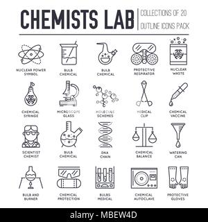 Biohazard chemists in chemistry lab thin line illustration concept set. Science people with equipment icons outline design. Scientist workplace tools for research Stock Vector