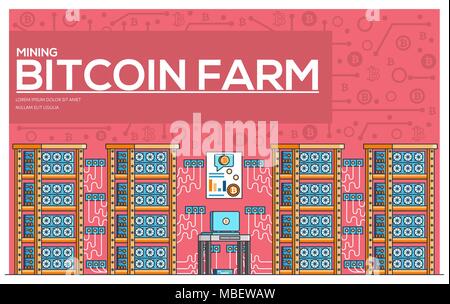 Bitcoin farm thin line vector illustration concept. Modern technology equipment linear symbol pack. Template of thin line logo, symbols, pictogram and flat illustrations concept.  Stock Vector