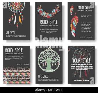 Set of boho ornament illustration style concept. Art traditional, poster, book, layout abstract, magazines, brochure. Vector decorative ethnic greeting card or invitation  design background Stock Vector