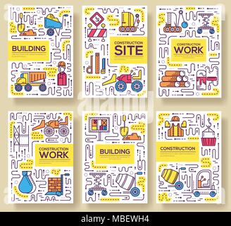 Thin line people at road works brochure cards set. Heavy vehicles making maintenance  template of flyear, magazines, poster, book cover, banners. Outline line invitation concept Stock Vector