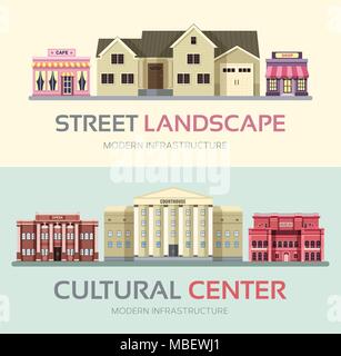 Landscape street town banners set. Town vector illustration design concept.  Stock Vector