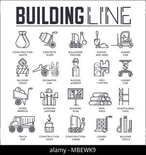 Thin line builders doing labor job and working with heavy vehicles concept.  Outline flat workers on construction site vector  design illustration Stock Vector