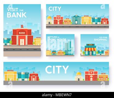 Building city information cards set. Architecture template of flyear, magazines, poster, book cover, banners. Construction infographic background. Layout illustrations modern pages with typography Stock Vector