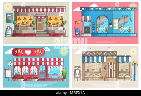 Set of small cute coffee houses and cafe buildings exteriors. Layout modern vector background illustration design concept Stock Vector