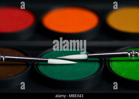 two thin brushes lie on colorful paints for drawing close-ups Stock Photo