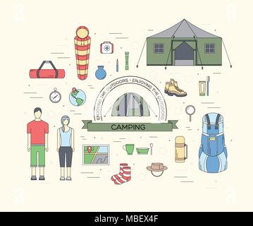 Camping equipment set circle infographics template concept. Icons design for your product or design, web and mobile applications. Vector flat with long shadow illustration on blue background Stock Vector