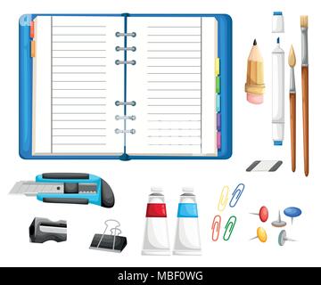 Set if stationery with notepad. Cutter, pencil, brushes, glue, eraser, marker, sharpener, buttons and paper clips Cartoon style design vector illustra Stock Vector