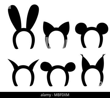 Black silhouette. Set mask cat, rabbit, deer antler and ears. Isolated on white vector illustration Flat design style vector illustration. Stock Vector