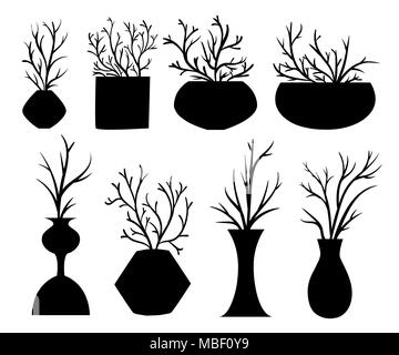 Black silhouette. Set of various pots with plants. Modern style pots and vases. Ceramic and glass material. Vector illustration isolated on white back Stock Vector