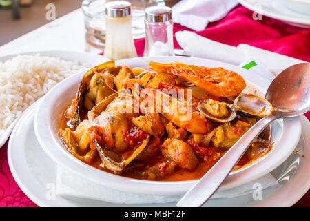 Classic portuguese sea food cataplana in Albufeira, Portugal. Stock Photo