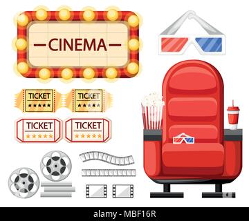 Set of cinema objects. Cinema seat, glasses, tickets, film roll,reel and strip. Twisted cinema tape. Cartoon style design. Vector illustration isolate Stock Vector