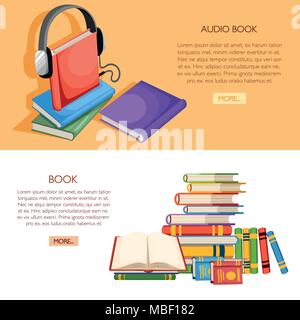 Stack of books with open book. Audio book. Knowledge, education, studying concept. Vector illustration with place for your text. Cartoon style design. Stock Vector