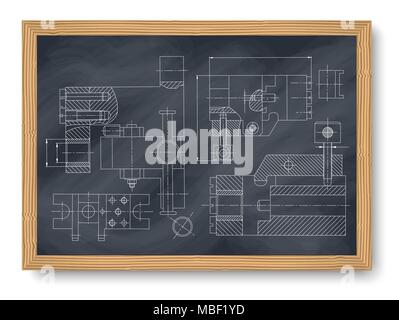 Mechanical Engineering drawing. Engineering Drawing Background. Drawing of mechanism on a board chalk. Vector Illustration Stock Vector