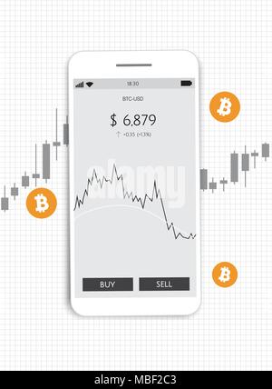 Cryptocurrency Technology. Bitcoin Exchange. Financial analytics. Trading Business Application Template. Smartphone with bitcoin. Stock Vector