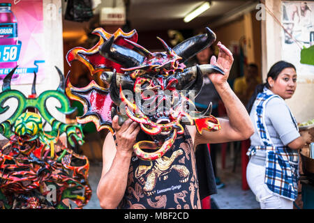 Píllaro, ECUADOR - FEBRUARY 6, 2016: Unidentified man, dressed as Devil in the diabladas festivities in Pillaro. Stock Photo