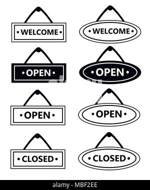 Black and white. Set of various signs. Open and closed signs. Cartoon style design. Vector illustration isolated on white background. Web site page an Stock Vector