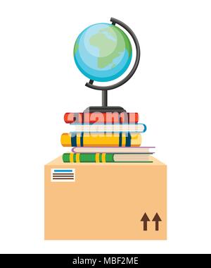 Globe,books, and cardboard box. Cartoon style design. Vector illustration on white background. Website page and mobile app design. Stock Vector