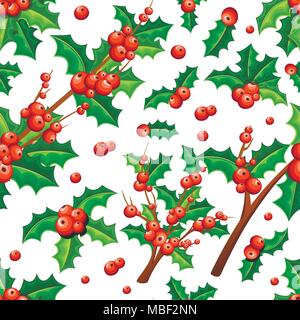 Seamless pattern of Christmas mistletoe. Branches of mistletoe with green leaves. Cartoon style design. Vector illustration on white background. Stock Vector