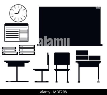 Black silhouette. School furniture with chalkboard, desks and chairs. Vector illustration isolated on white background. Web site page and mobile app d Stock Vector