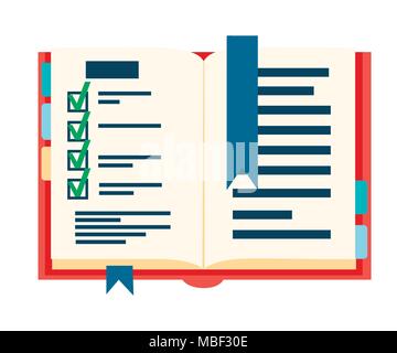 Notepad with bookmark. Checkboxes and filled fields. Book with to do list. Cartoon style design. Vector illustration isolated on white background webs Stock Vector
