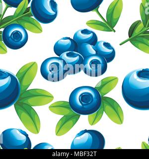 Seamless pattern of blueberries. Vector illustration of blueberry with green leaves. Vector illustration for decorative poster, emblem natural product Stock Vector