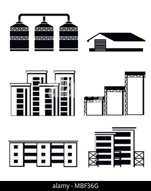 Black silhouette. Set of warehouse. Industrial buildings construction and grain terminal . Set of warehouse building and delivery lorry illustration.  Stock Vector