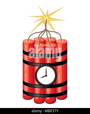 Dynamite with clock. Time bomb ready to explosion. Cartoon style design. Vector illustration isolated on white background. Web site page and mobile ap Stock Vector
